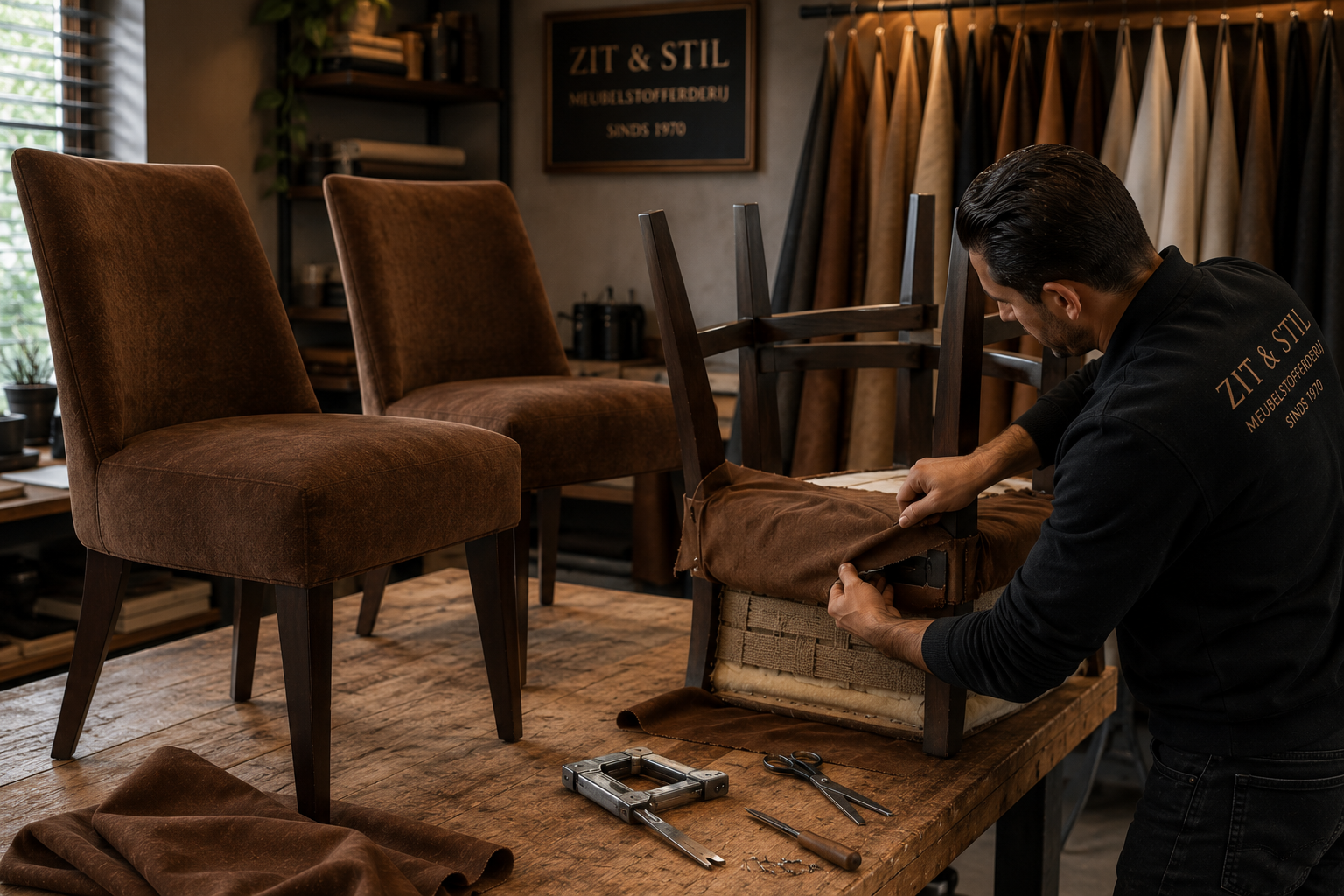 Eetkamerstoelen in een werkplaats