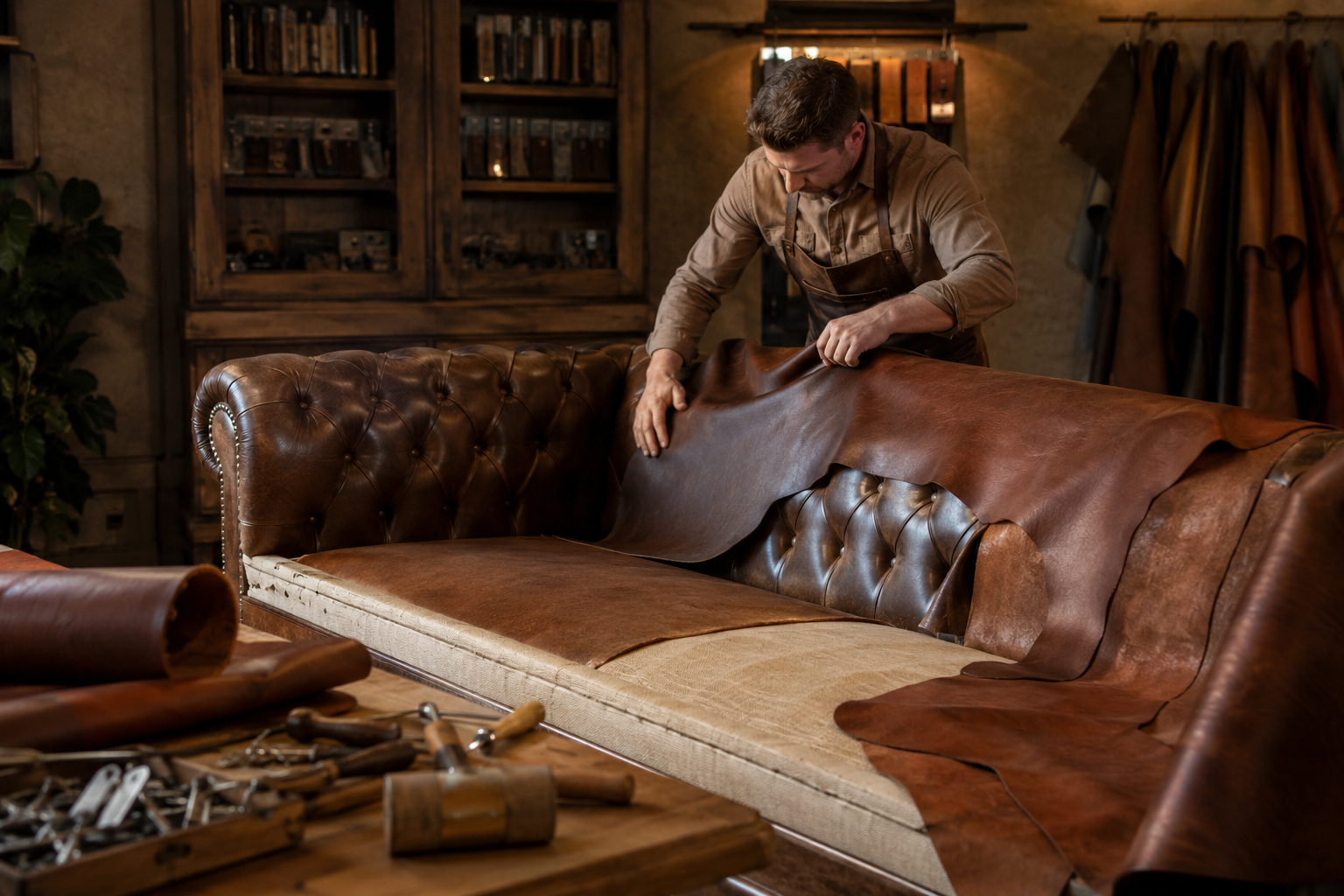 Leren fauteuil in werkplaats