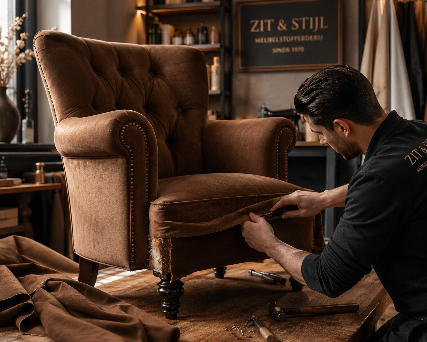 Herstoffeerde fauteuil in oker